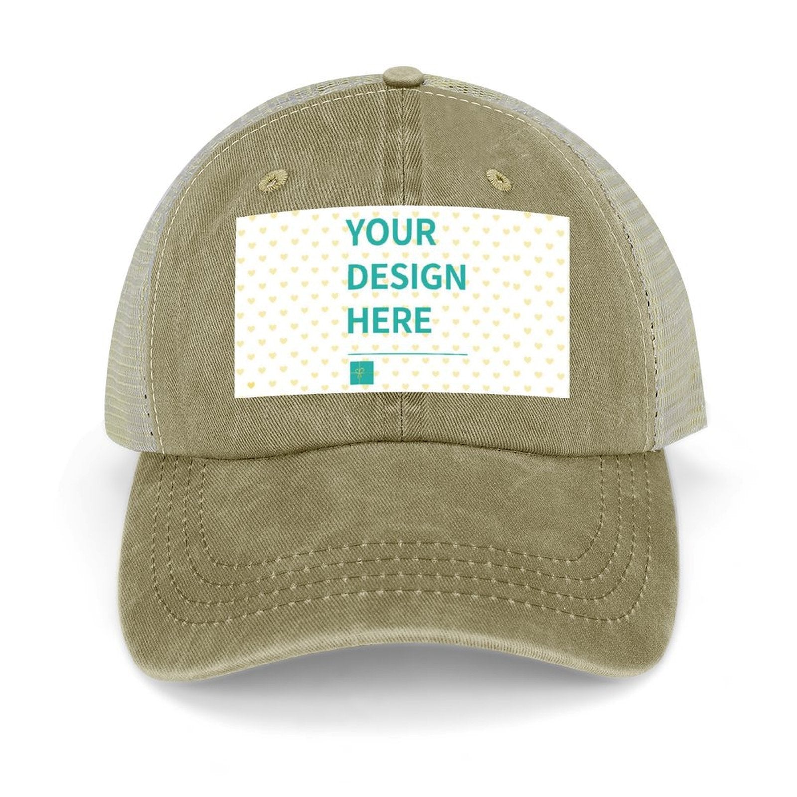 Custom beige denim baseball cap with mesh back and 'YOUR DESIGN HERE' design; personalize your hat