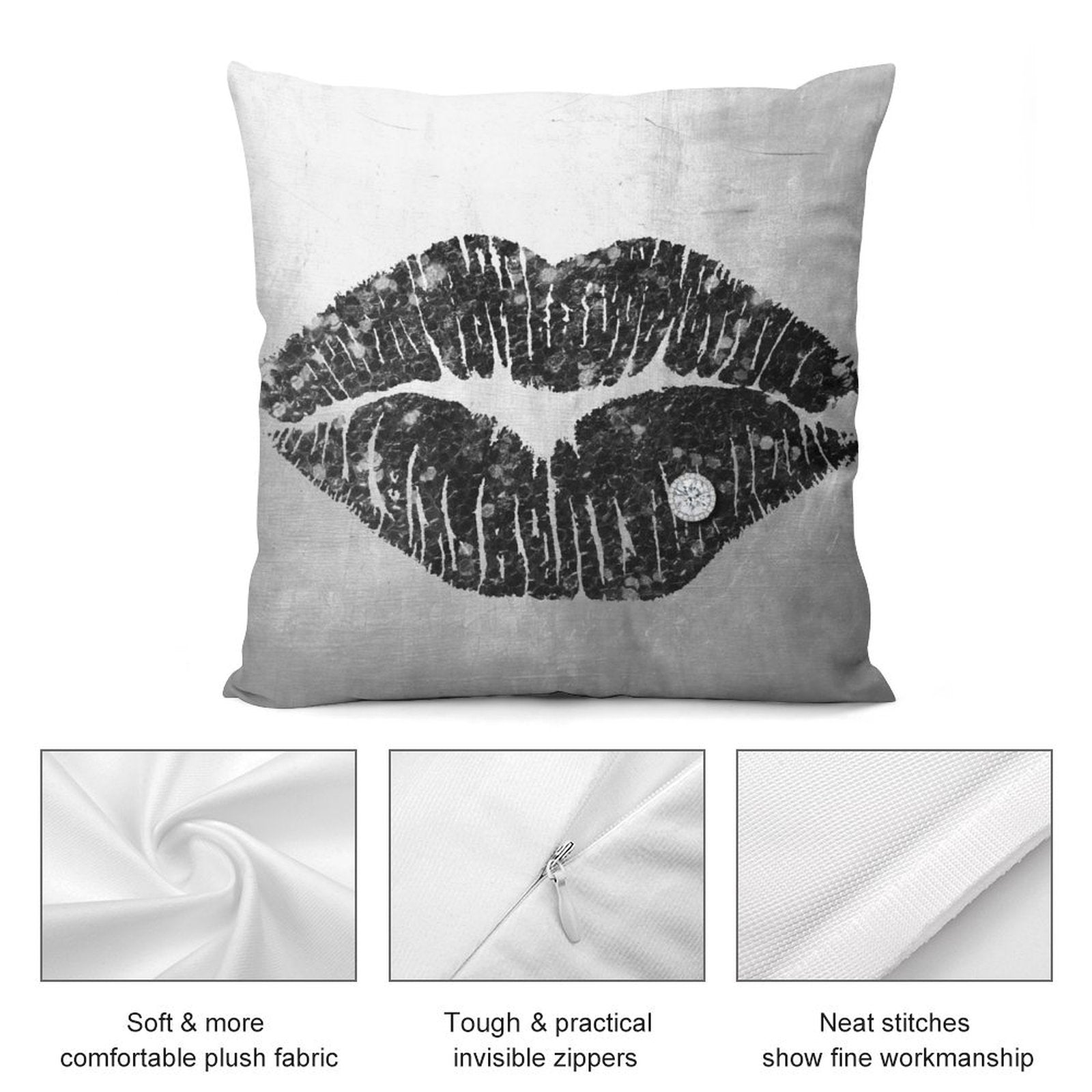 Black lip design plush pillow cover with diamond accent. Soft, durable pillow for sofa or couch.