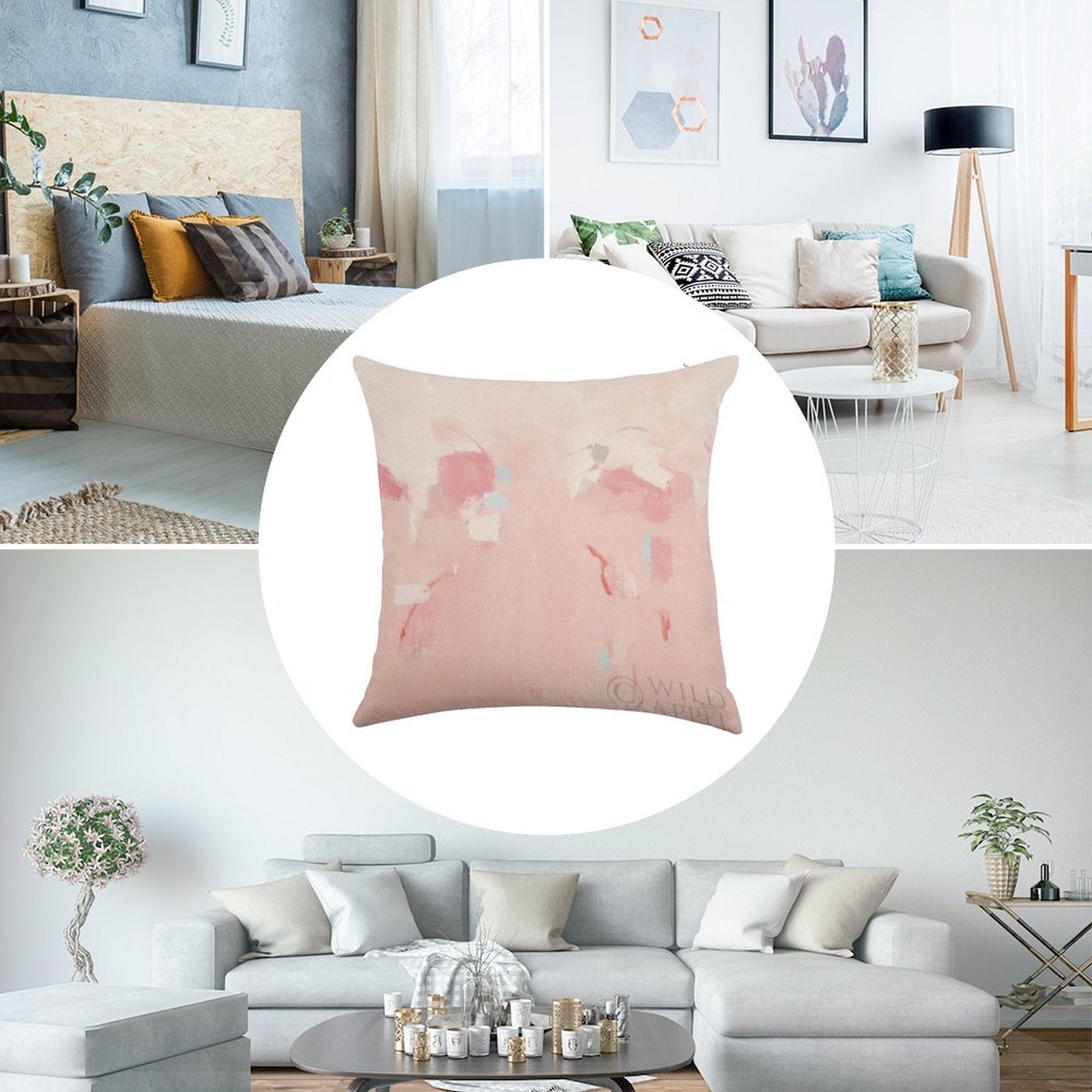 Linen Throw Pillow Case in Splash Pink, abstract art design, MyArtsyGift home decor, USA made, soft linen.