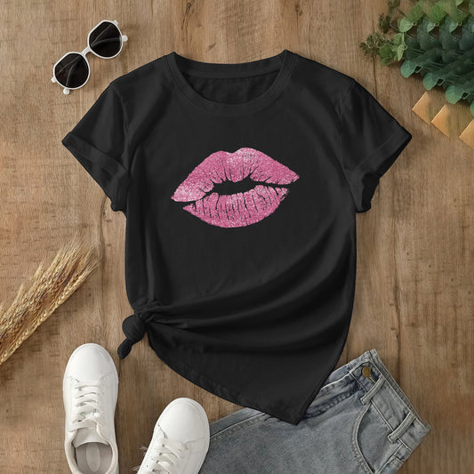 Black Gildan Women's T-shirt with Pink Lips Design | Comfortable Cotton Tee | MyArtsyGift.com