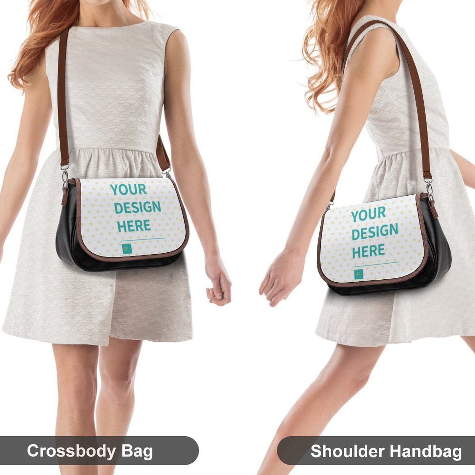 Customizable black PU leather crossbody bag for women with 'YOUR DESIGN HERE', shoulder bag.