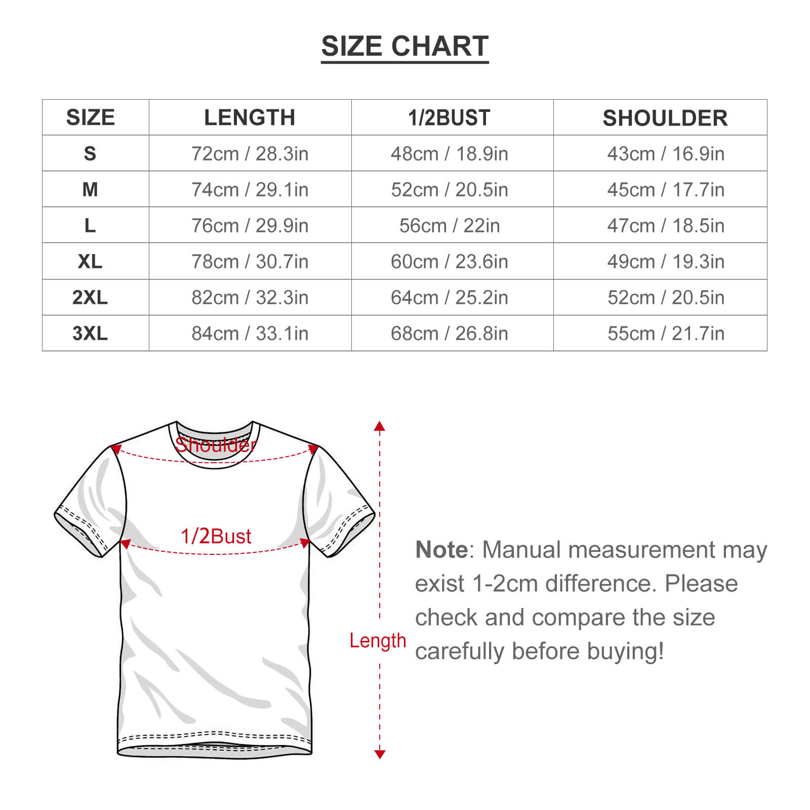 Size chart for custom men's short-sleeve tee. Includes length, bust, shoulder measurements.