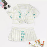 Personalized cheerleading uniform for women with custom design option, white top and skirt set.