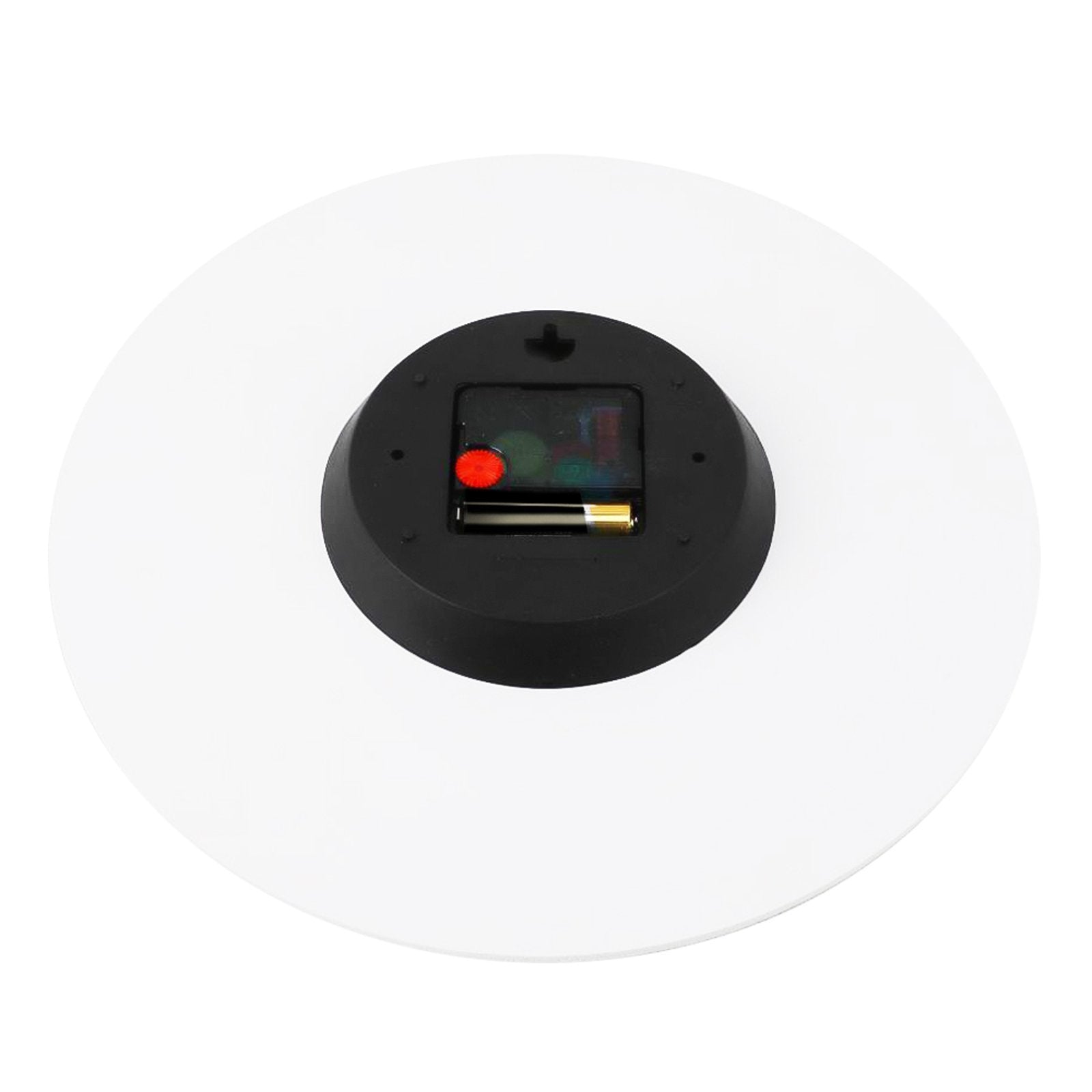 Back view of a white PVC round silent clock with black clock mechanism, creative gift idea for home decor