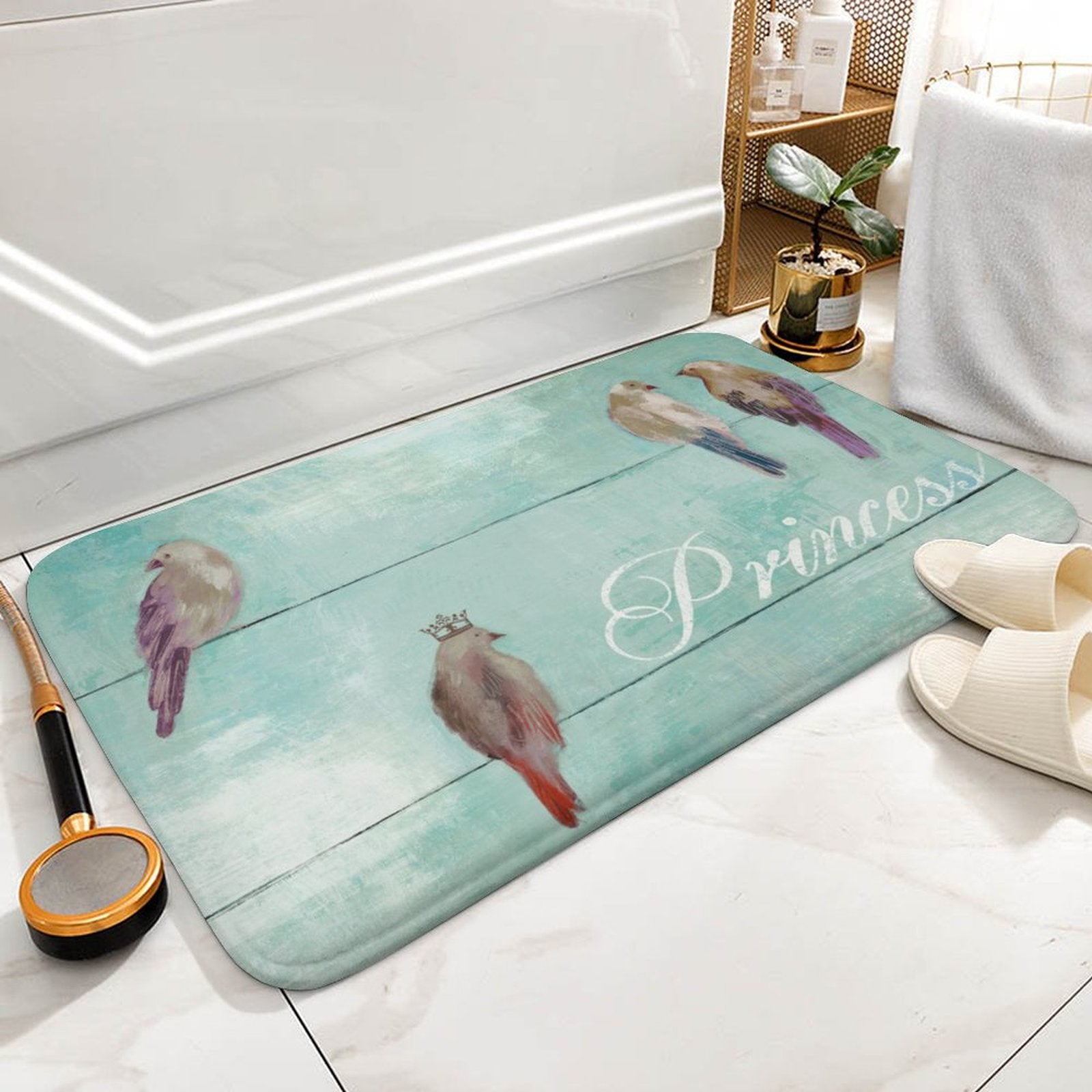 Coral velvet bath rug with Princess bird design, non-slip and absorbent for bathroom