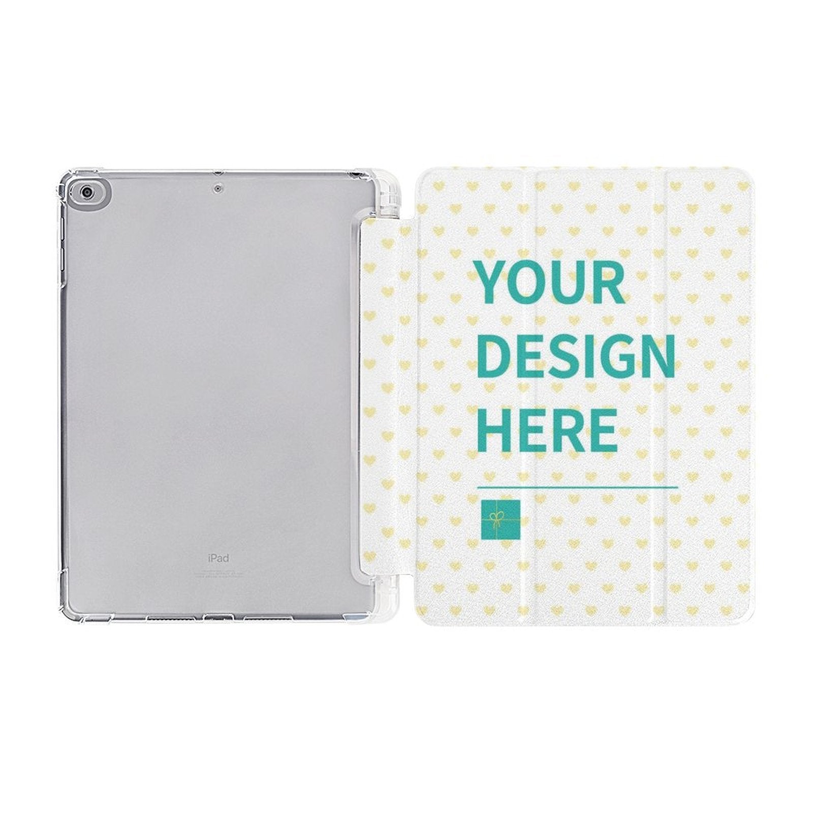 Custom iPad case with 'YOUR DESIGN HERE' text, heart pattern design, personalized tablet cover.