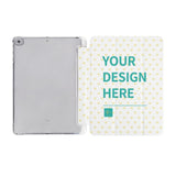 Custom iPad case with 'YOUR DESIGN HERE' text, heart pattern design, personalized tablet cover.