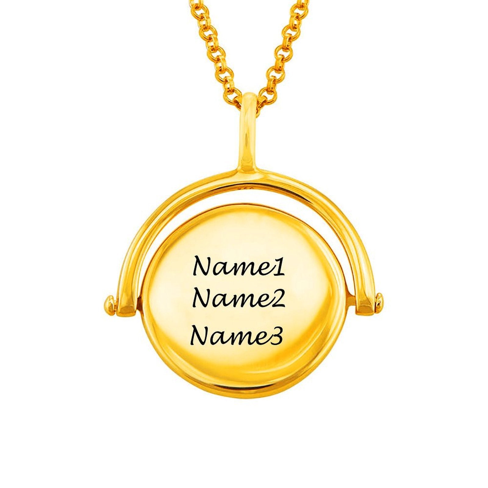 Personalized gold rotary carving necklace with custom names engraved, a jewelry gift for women