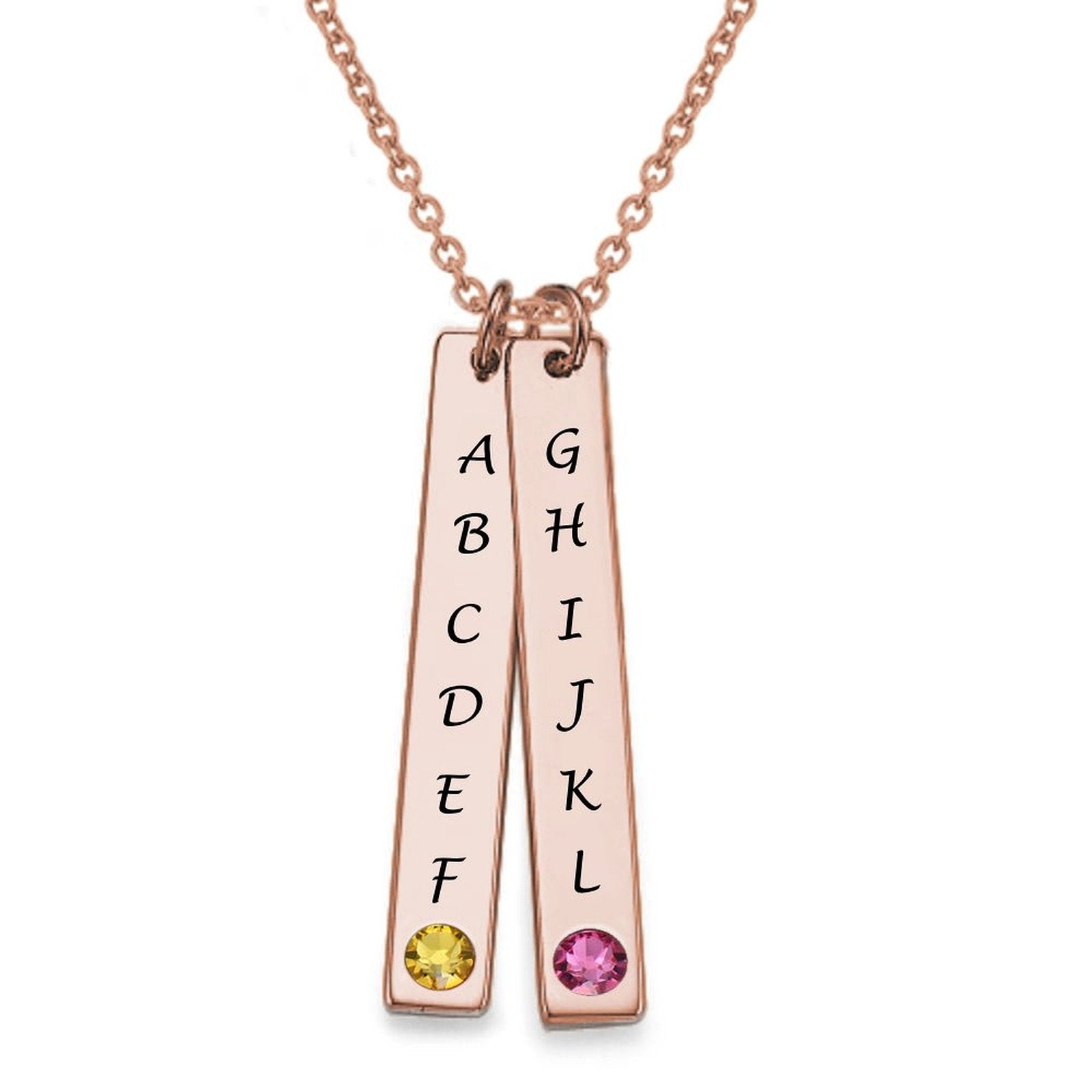 Rose gold vertical double bar necklace, custom engraved with initials A-L and gemstones, personalized gift
