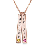 Rose gold vertical double bar necklace, custom engraved with initials A-L and gemstones, personalized gift