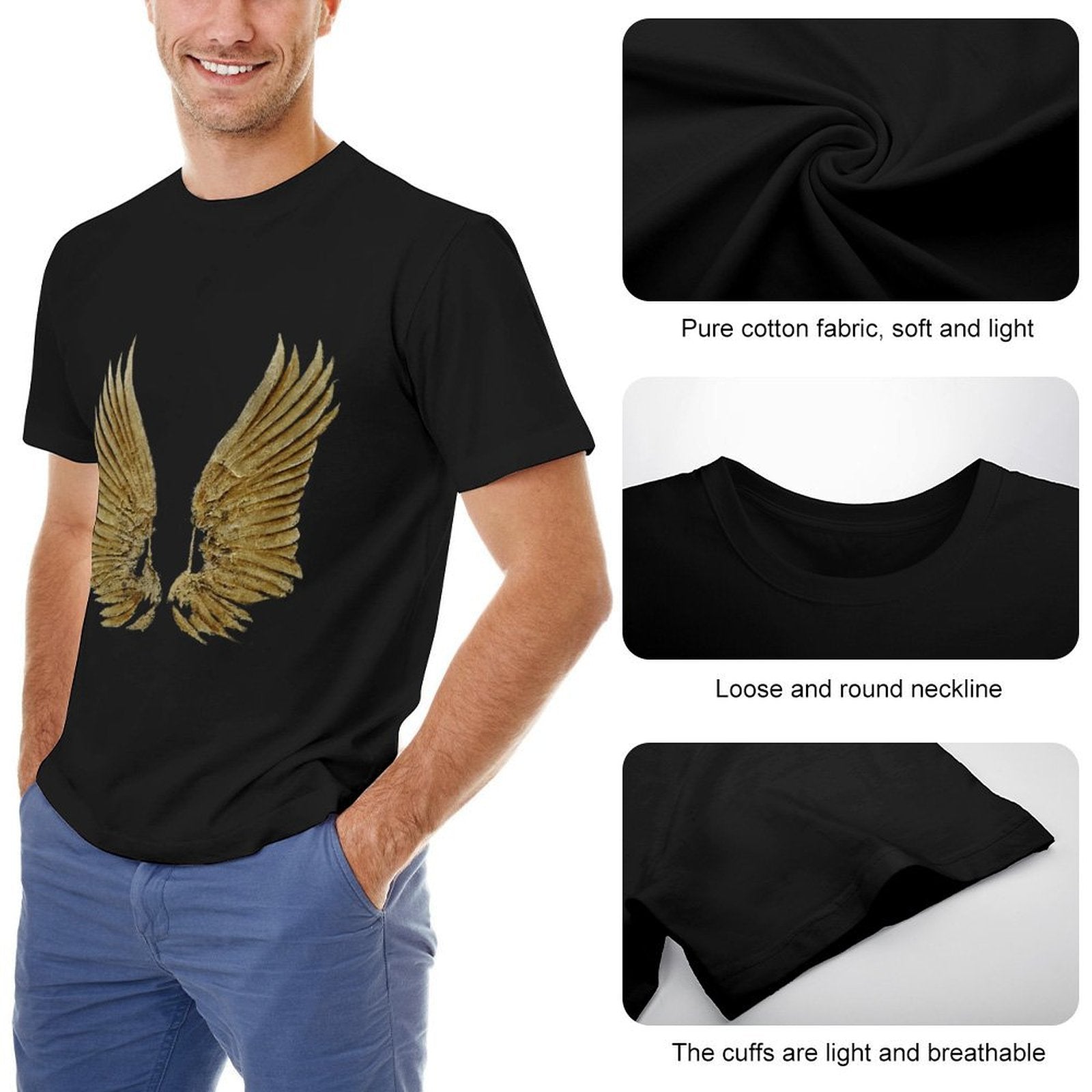 Men's black cotton t-shirt with golden wings. Features loose neckline and breathable cuffs. Soft & light fabric.