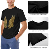 Men's black cotton t-shirt with golden wings. Features loose neckline and breathable cuffs. Soft & light fabric.