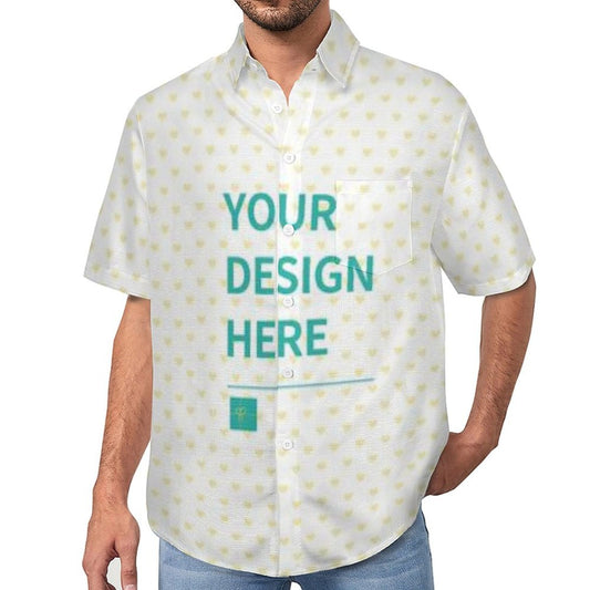 Customizable men's short sleeve button down shirt with heart pattern, featuring 'YOUR DESIGN HERE' text.