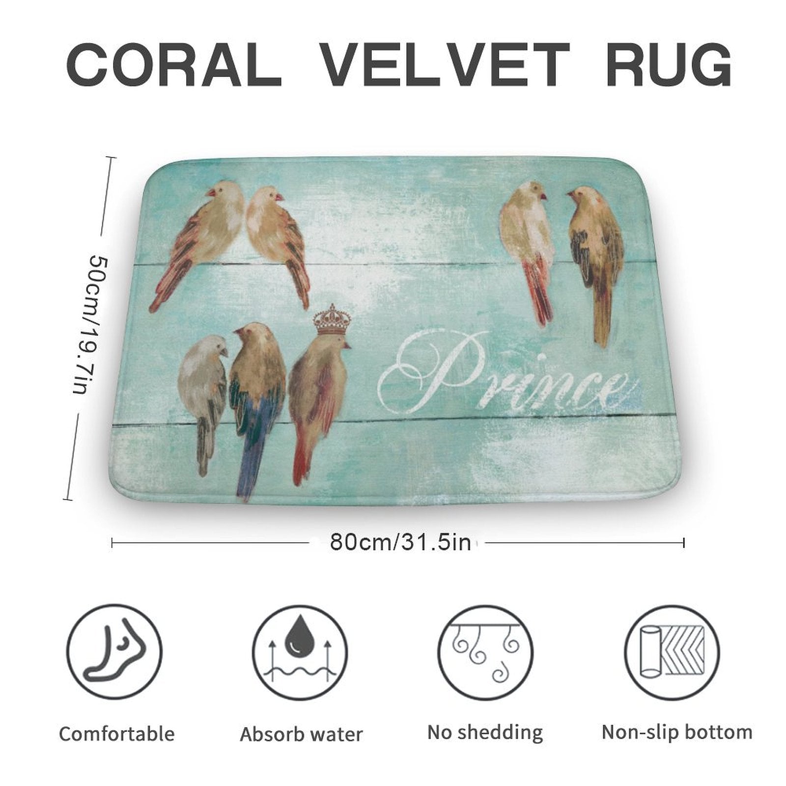 Coral velvet rug with bird art, non-slip, for bathroom, featuring Prince text, 80cm/31.5in long