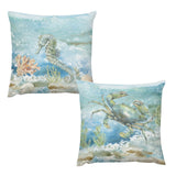 Set of 2 Short Plush Pillow Covers with watercolor seahorse and crab design, home decor.