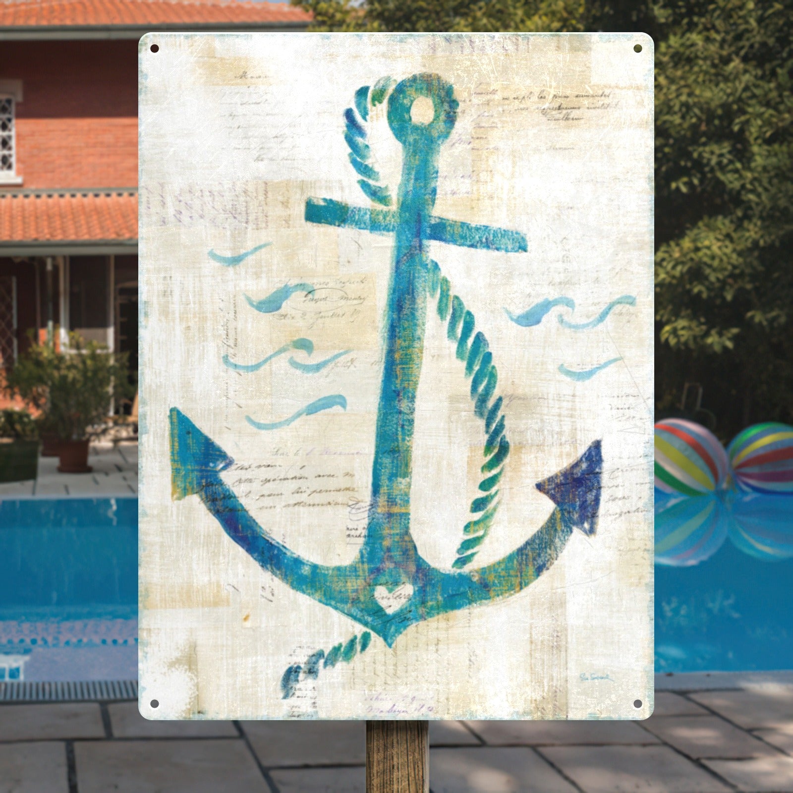Vintage metal sign with turquoise anchor and nautical theme for home decor