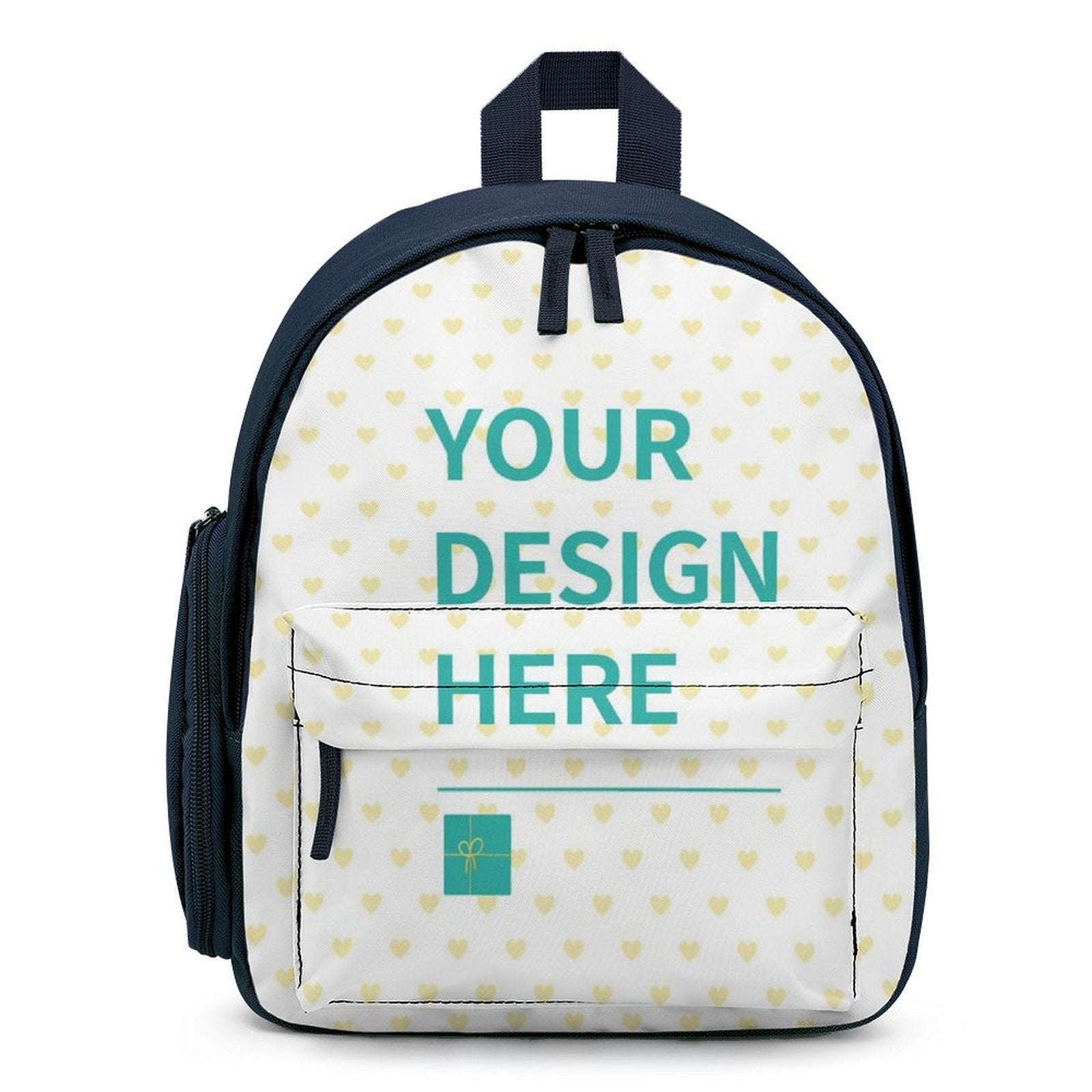 Customizable kids backpack with white heart pattern and "YOUR DESIGN HERE" text, school bookbag, polyester material.