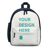 Customizable kids backpack with white heart pattern and "YOUR DESIGN HERE" text, school bookbag, polyester material.