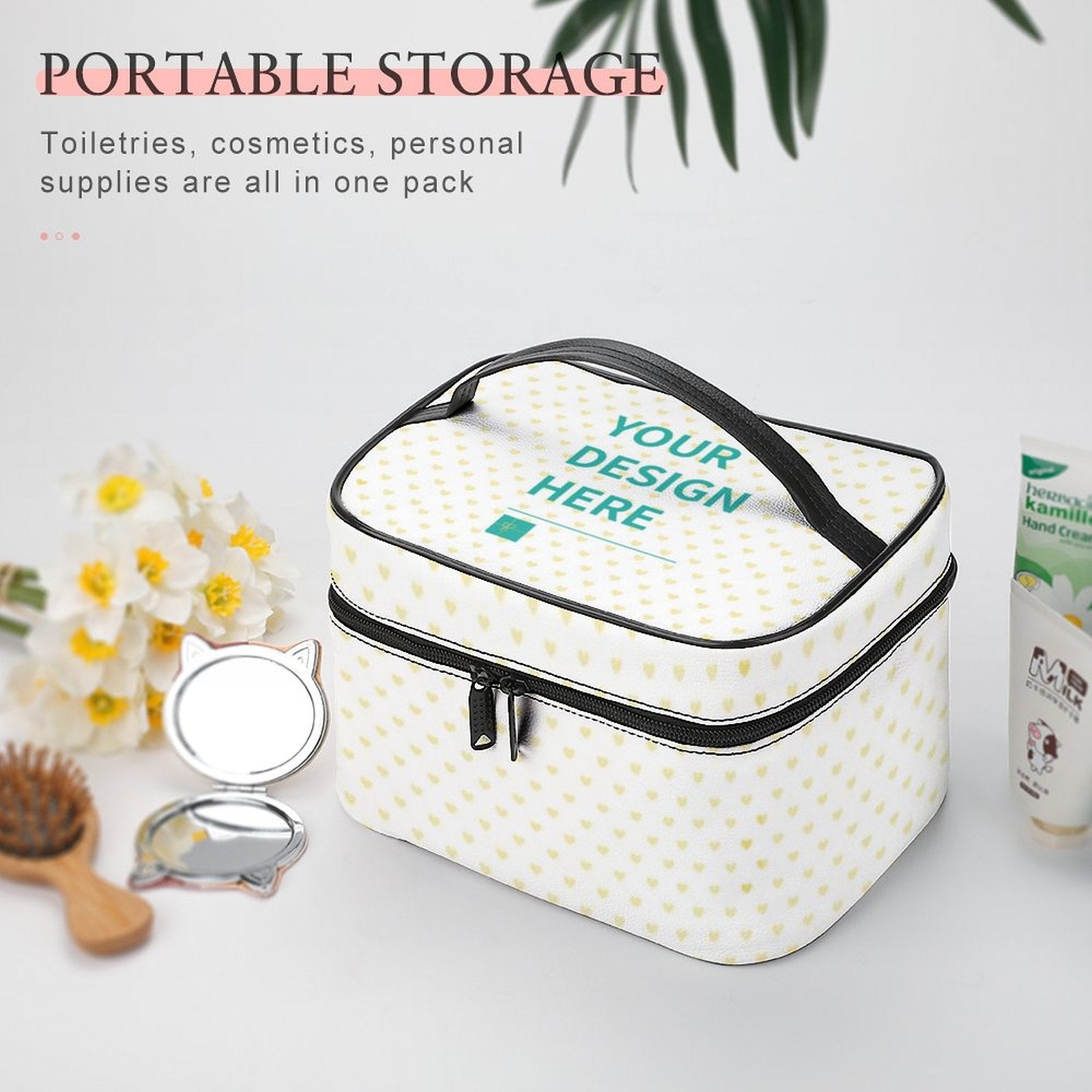 Customizable makeup bag with lychee pattern, featuring 'YOUR DESIGN HERE' text, travel-friendly cosmetic organizer