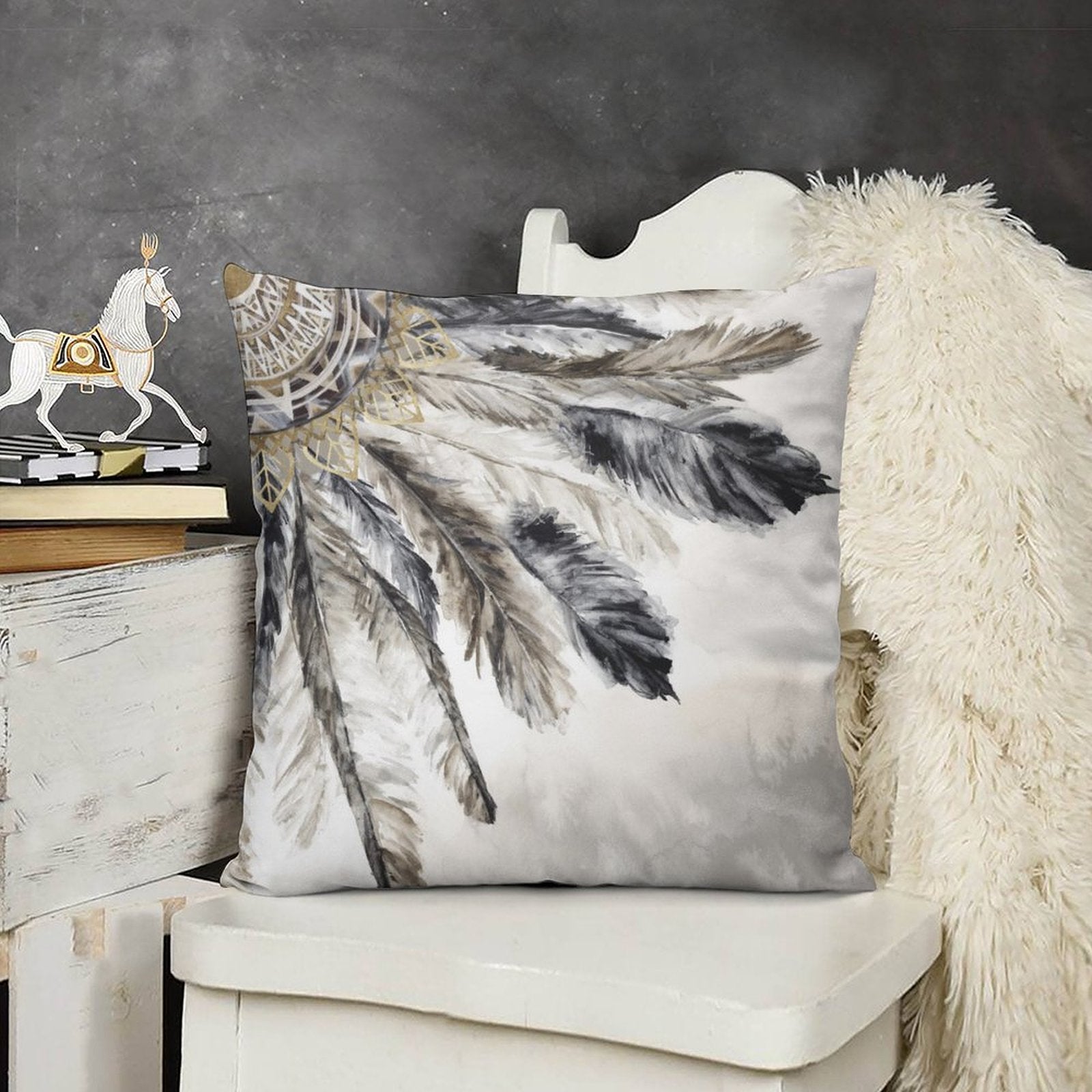 Feather design plush throw pillow cover for sofa, in gray and gold watercolor, soft and fluffy