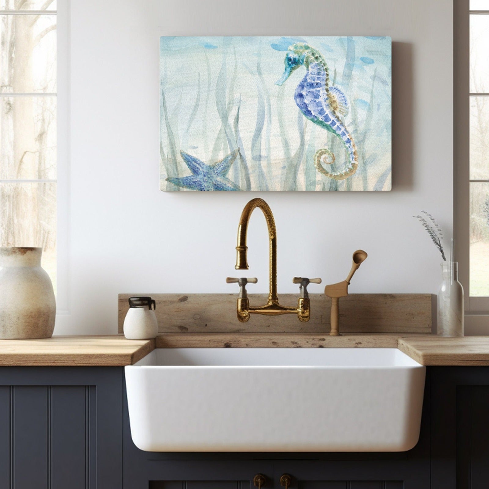 Undersea Friends seahorse and starfish canvas print, watercolor artwork, home decor, made in USA