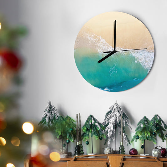 Modern beach-themed MDF wall clock for living room. Coastal decor with ocean and sand design. Silent quartz movement.