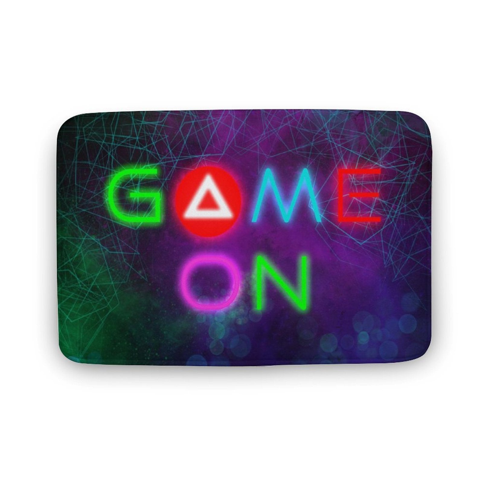 Coral velvet bath rug with neon "GAME ON" design, non-slip and quick-drying floor carpet for bathroom