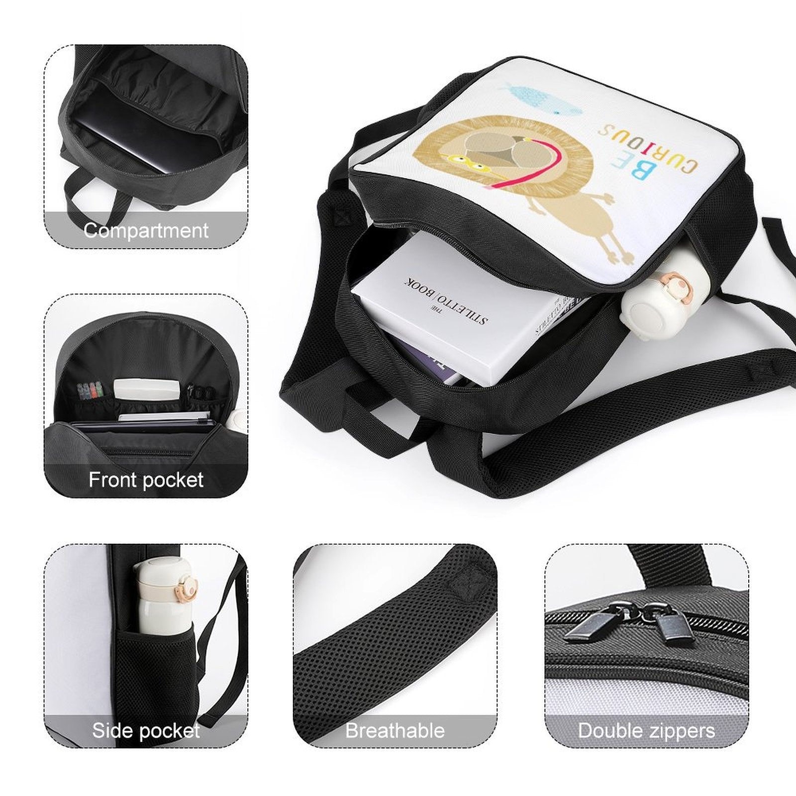 Kids backpack with lion graphic and 'Be Curious' text, Oxford cloth, side pockets, school bag for travel and camping.