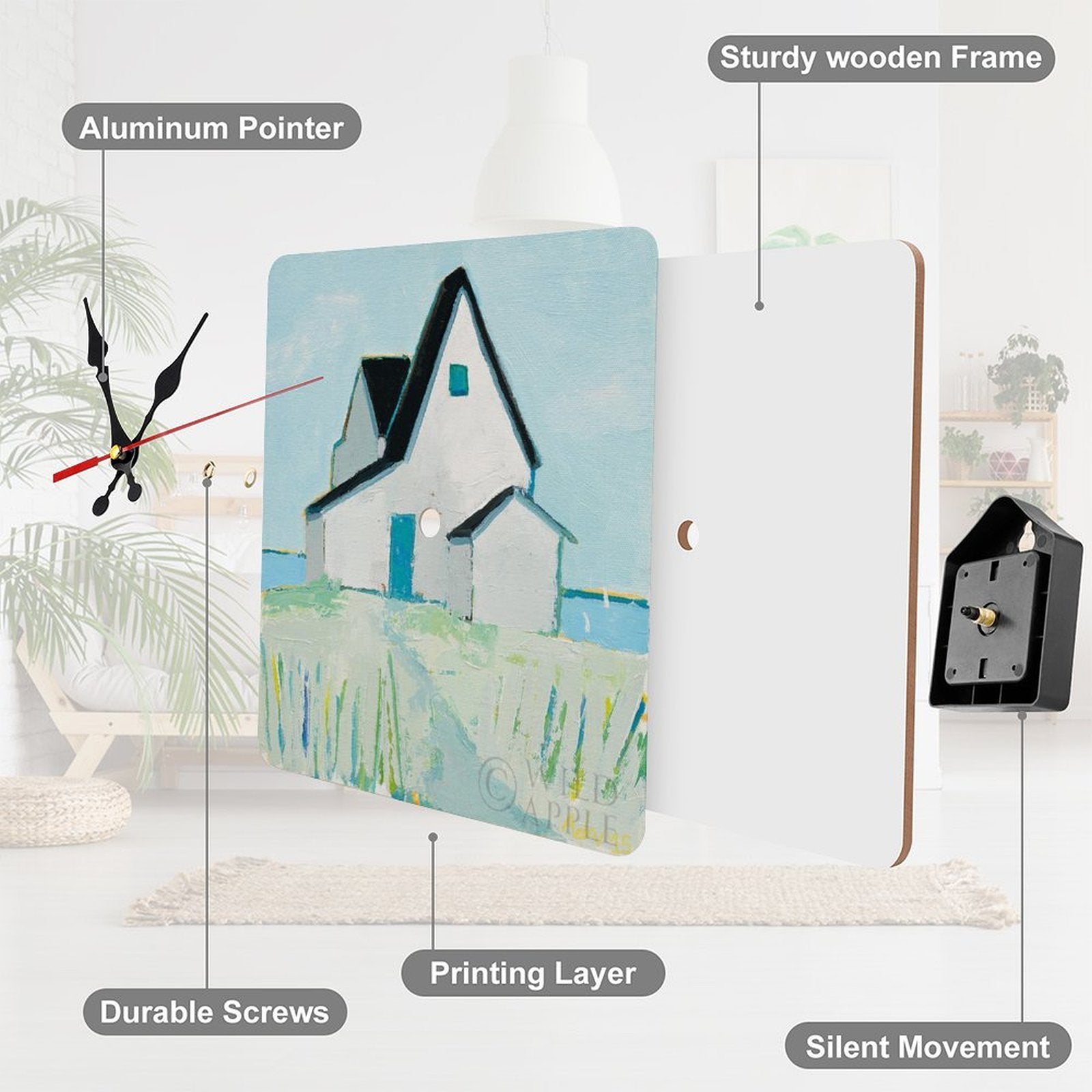 Square wooden wall clock with coastal cottage art. Features silent movement, perfect for home, kitchen, or housewarming gifts