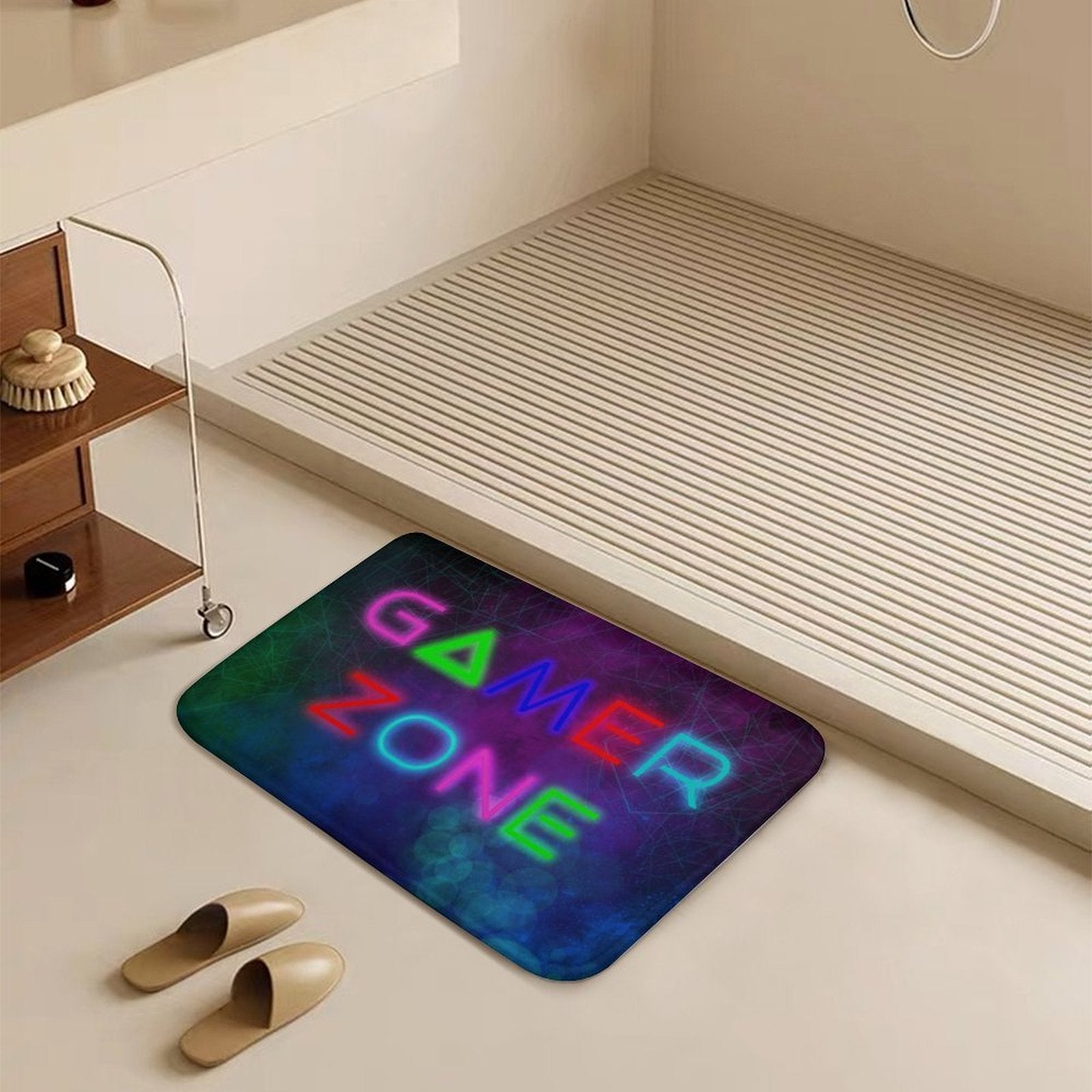 Gamer Zone coral velvet bath rug with neon lights, non-slip floor carpet for bathroom