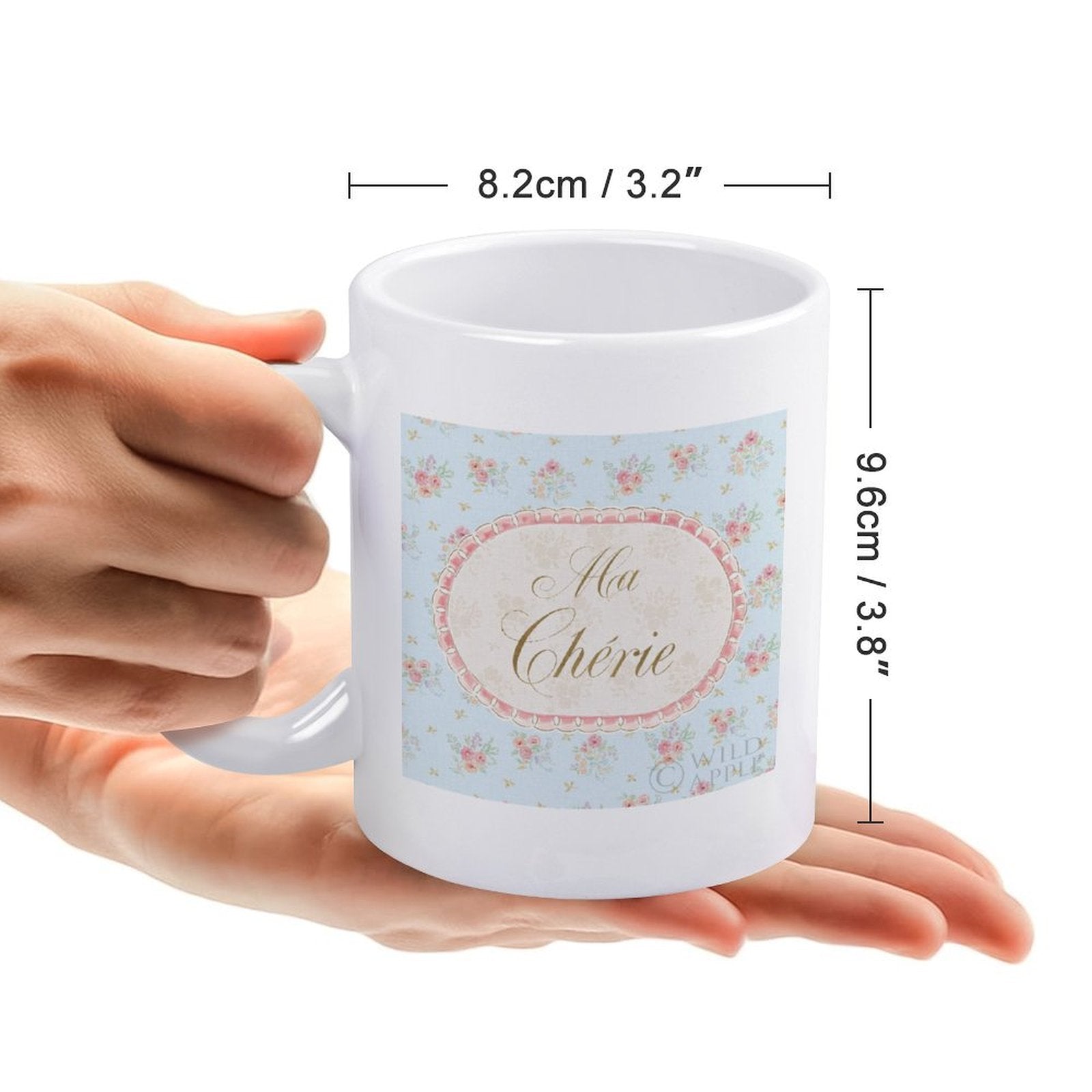 White ceramic Ma Chérie mug, perfect customized gift for any occasion, Spring Fling design.
