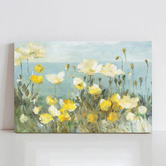 Field of Poppies Bright Crop Canvas Print. Yellow and white poppy flowers on a blue background. Made in the USA.