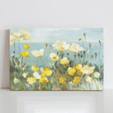 Field of Poppies Bright Crop Canvas Print. Yellow and white poppy flowers on a blue background. Made in the USA.
