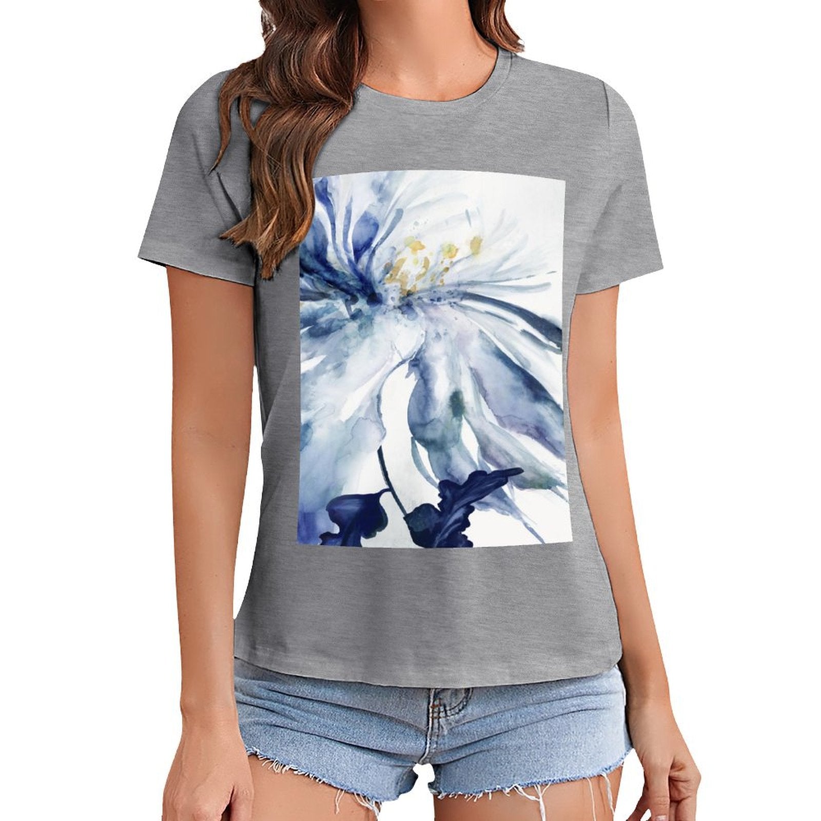 Women's gray crewneck t-shirt with blue watercolor floral print design from MyArtsyGift