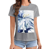 Women's gray crewneck t-shirt with blue watercolor floral print design from MyArtsyGift