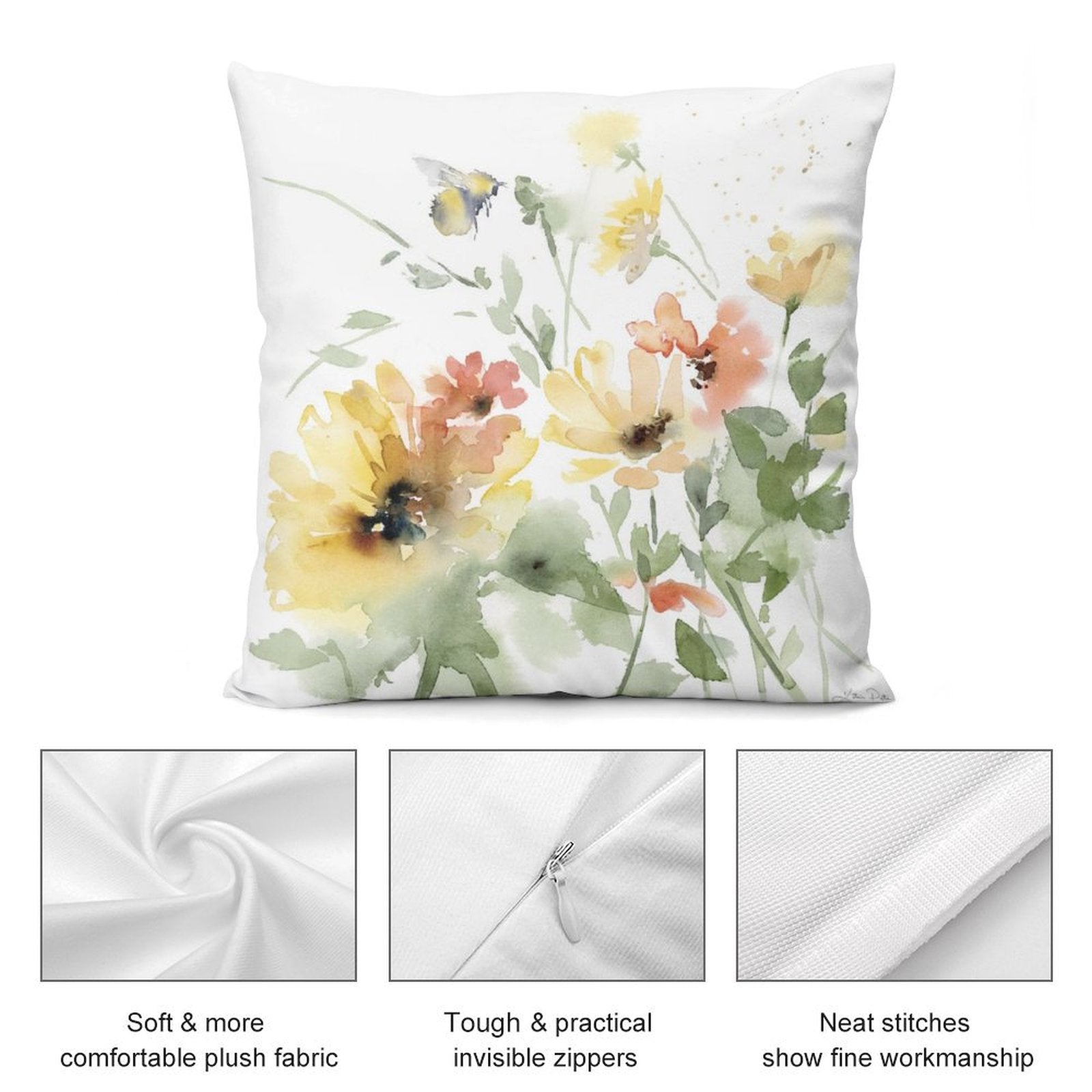 Watercolor floral pillow cover: bee and flowers design. Soft plush, invisible zippers. Ideal for sofa or living room decor.