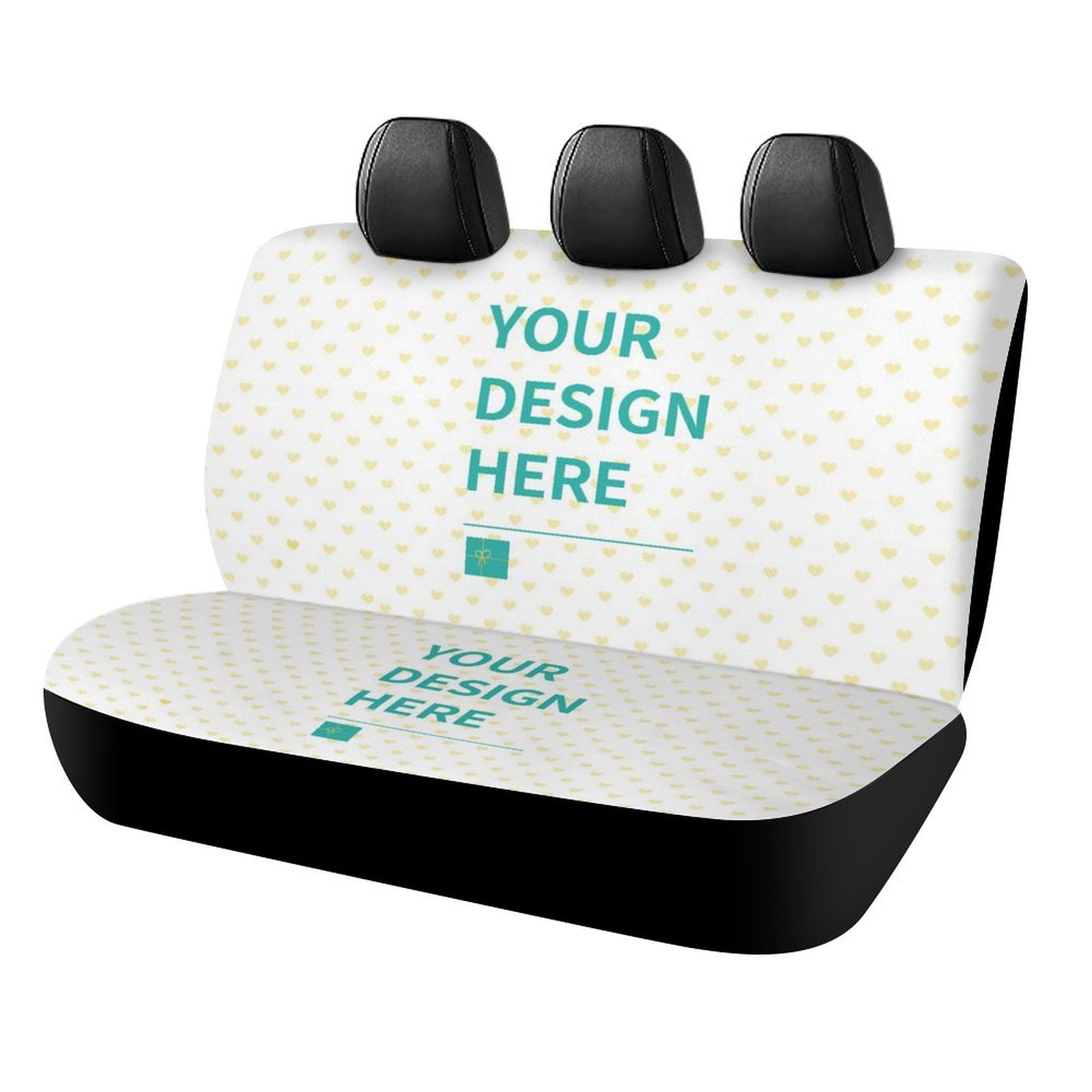 Custom back seat cover with personalized design, heart pattern, black trim for car SUV truck. 'Your Design Here'
