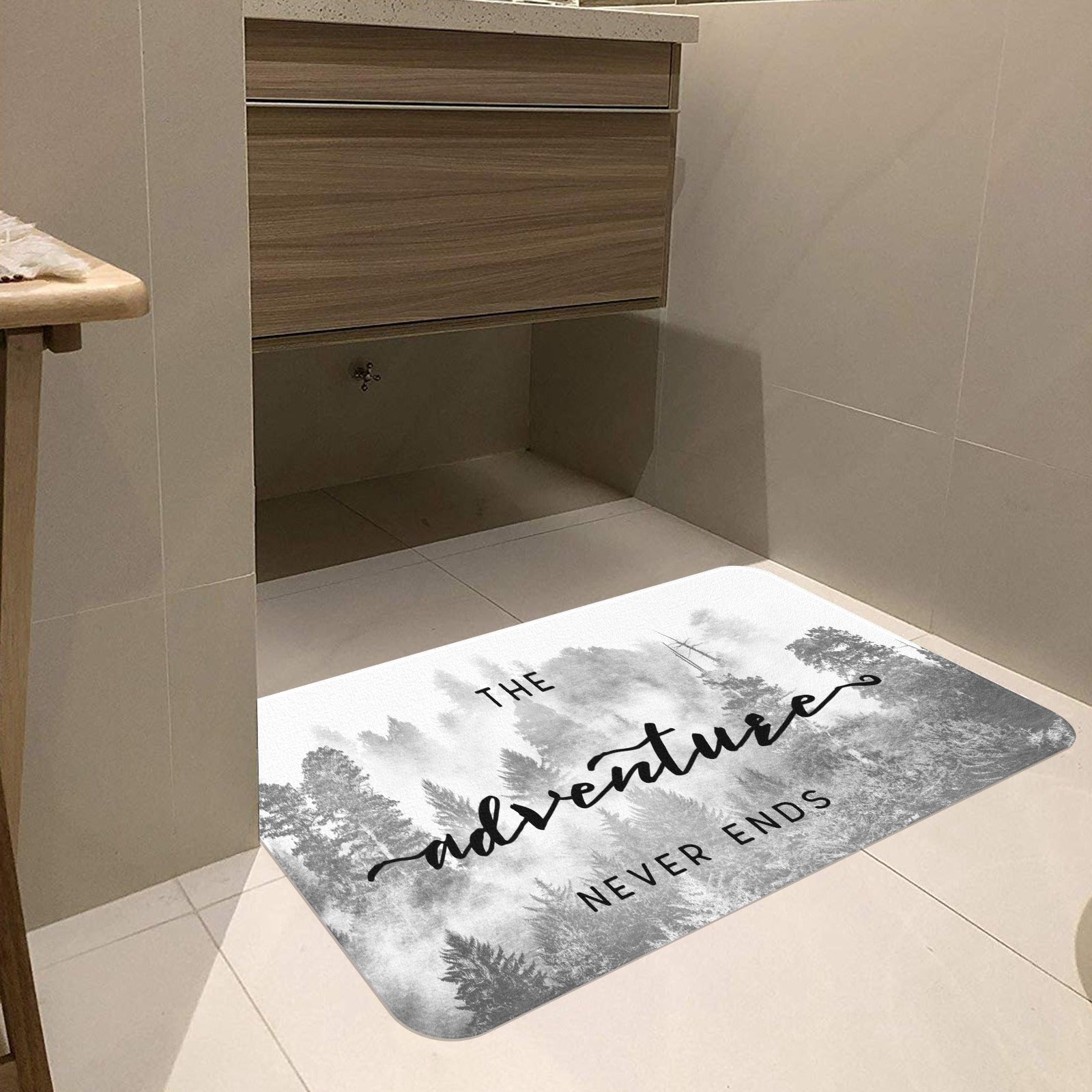 Forest entrance doormat with "The Adventure Never Ends" quote, rubber floor mat