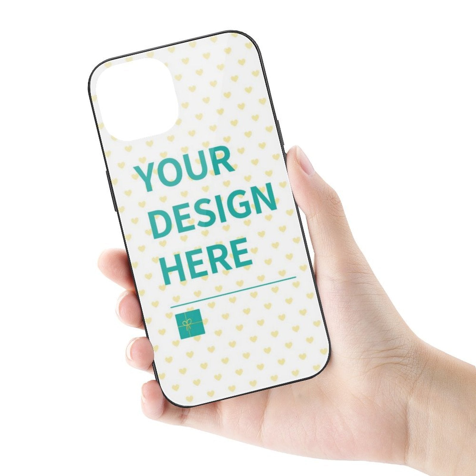 Personalized iPhone 14 case with heart design & 'YOUR DESIGN HERE' text, glass TPU cover - MyArtsyGift.com