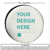 Customizable tire cover with "YOUR DESIGN HERE" design, suitable for various vehicle sizes.
