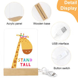 Acrylic giraffe night light with 'STAND TALL' text, wooden base, USB powered, ideal gift and bedroom decor.