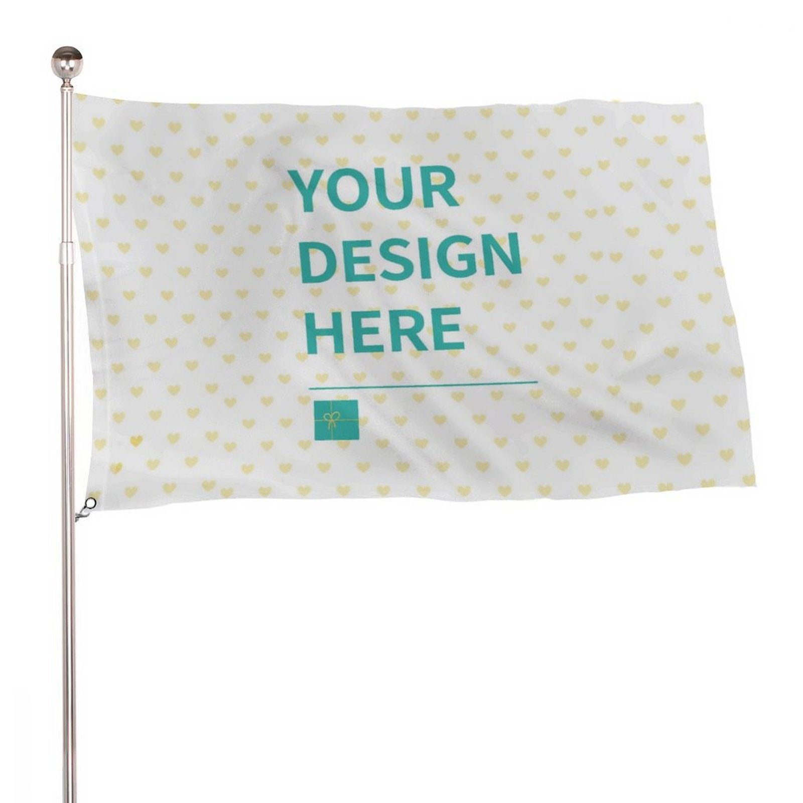 Customizable flag with 'Your Design Here' text, heart pattern, perfect for personalized outdoor decoration.