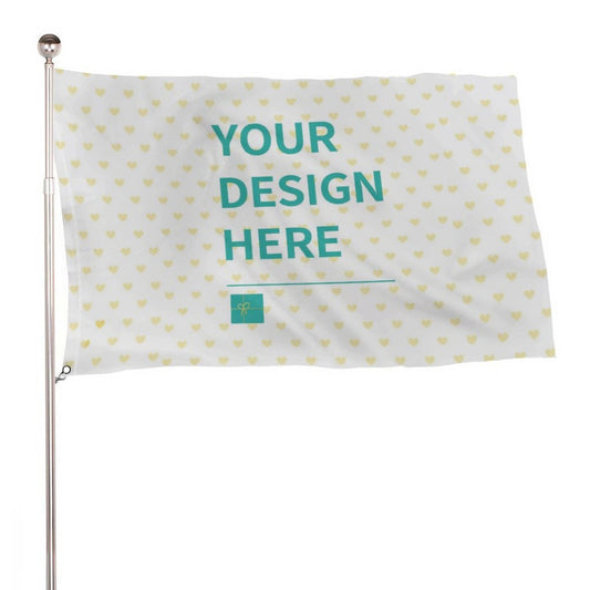 Customizable flag with 'Your Design Here' text, heart pattern, perfect for personalized outdoor decoration.