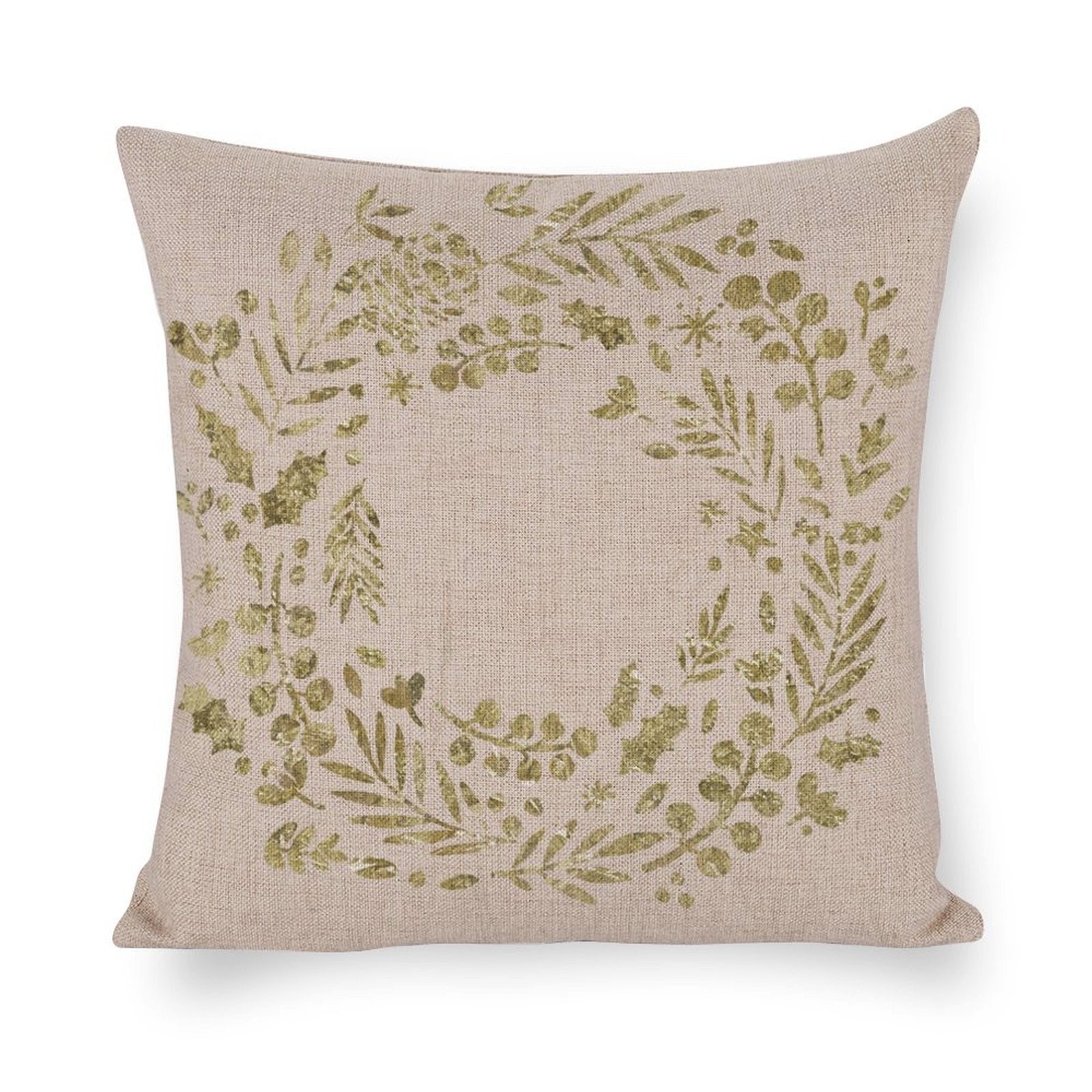 Cotton linen pillow case with gold botanical wreath, perfect for bedroom or living room decor.