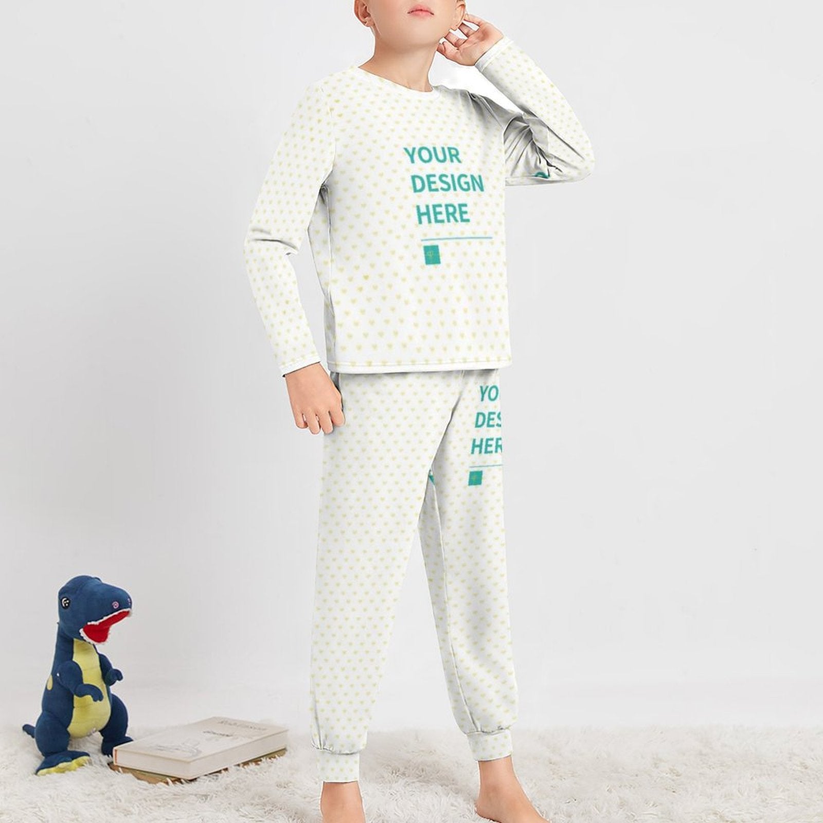 Customizable toddler boys pajamas set in white with heart patterns and design text, comfortable and soft, perfect as a gift