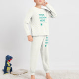 Customizable toddler boys pajamas set in white with heart patterns and design text, comfortable and soft, perfect as a gift