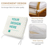 Custom outdoor chair cushion with heart pattern and 'YOUR DESIGN HERE' text, features straps and wide opening.