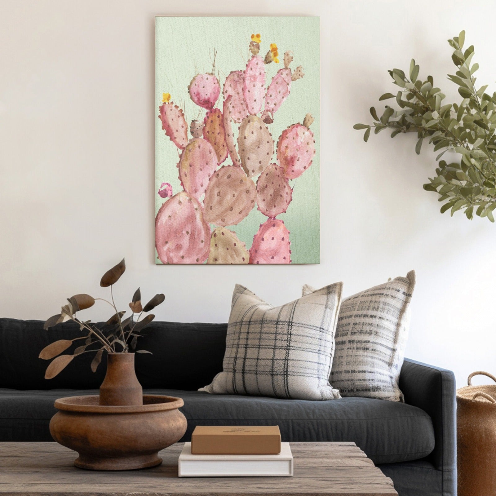 Pink cactus wall art canvas painting for living room decor. Modern minimalist design.