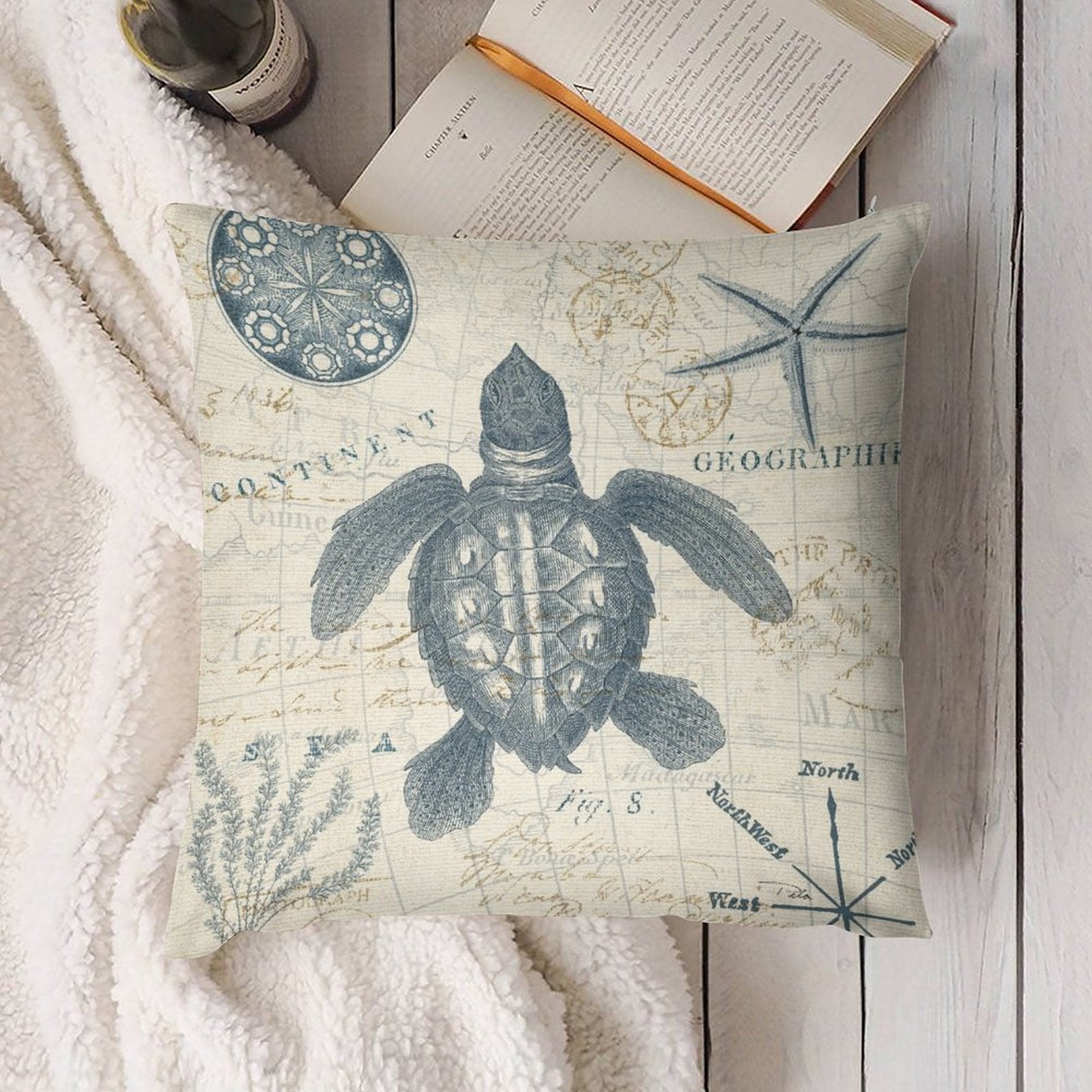 Vintage turtle map design throw pillow cover, soft plush for sofa or living room decor