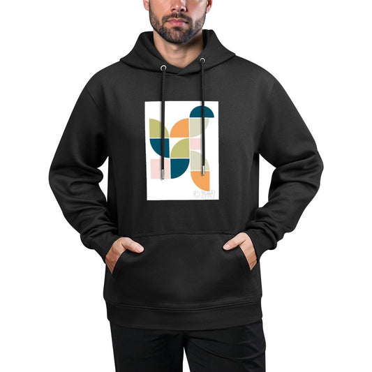 Men's Stick Hooded Sweatshirt in black. Comfortable mid-century geometric design sweatshirt, made in USA.